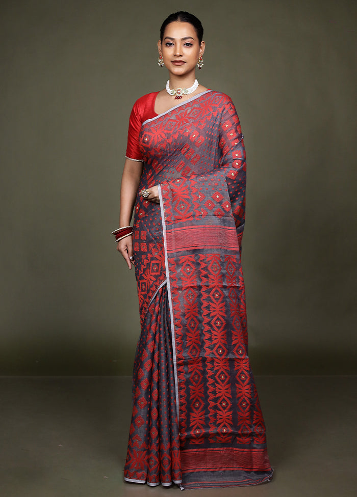 Grey Jamdani Cotton Saree Without Blouse Piece
