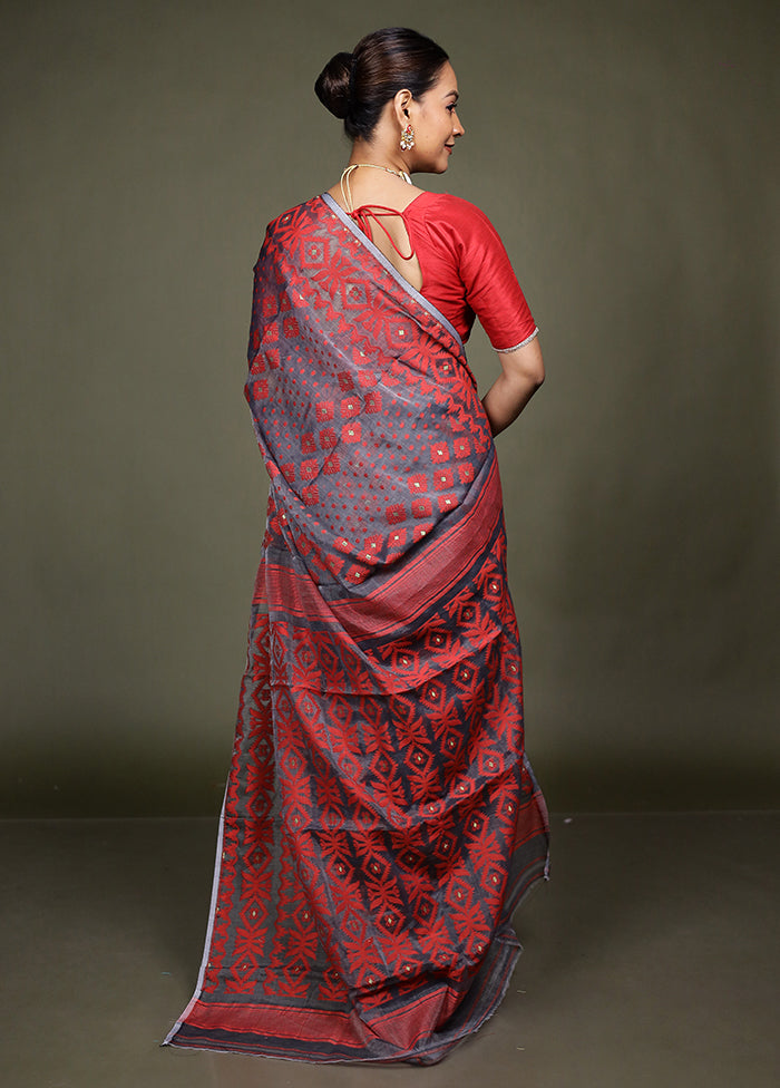 Grey Jamdani Cotton Saree Without Blouse Piece