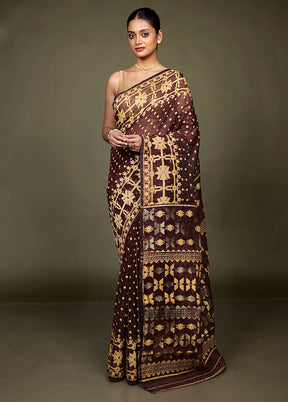 Maroon Jamdani Cotton Saree Without Blouse Piece