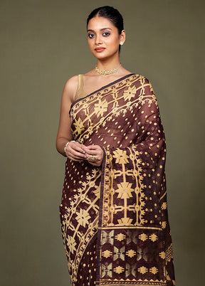 Maroon Jamdani Cotton Saree Without Blouse Piece