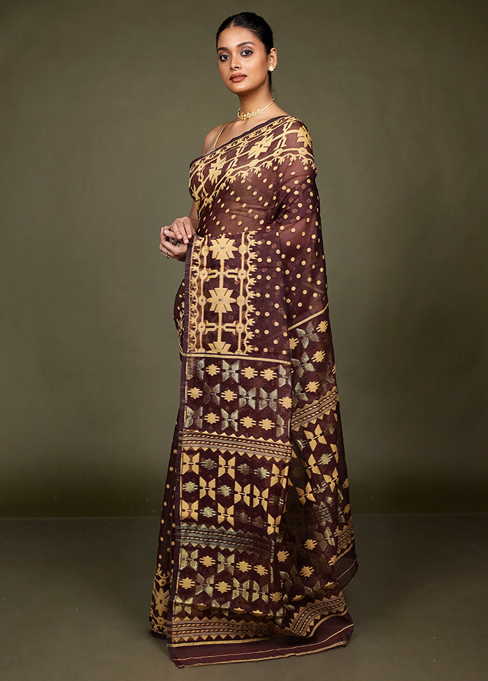 Maroon Jamdani Cotton Saree Without Blouse Piece