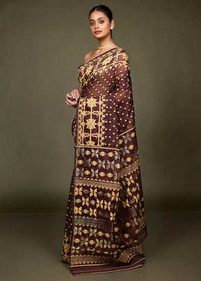 Maroon Jamdani Cotton Saree Without Blouse Piece