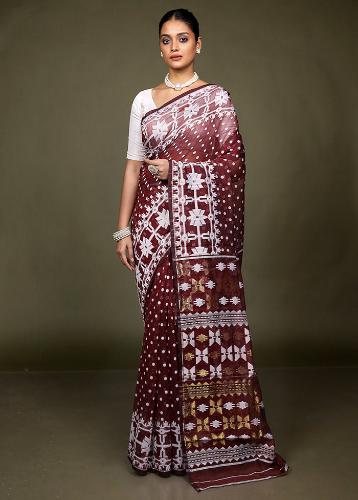 Maroon Jamdani Cotton Saree Without Blouse Piece