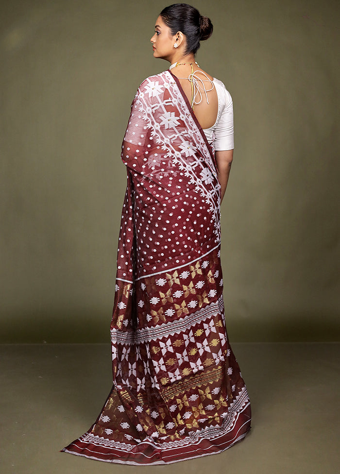 Maroon Jamdani Cotton Saree Without Blouse Piece