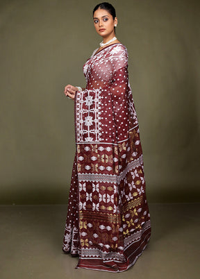 Maroon Jamdani Cotton Saree Without Blouse Piece