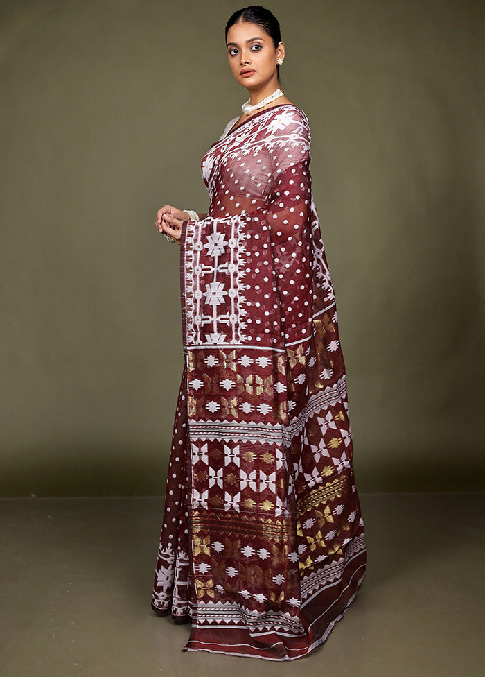 Maroon Jamdani Cotton Saree Without Blouse Piece