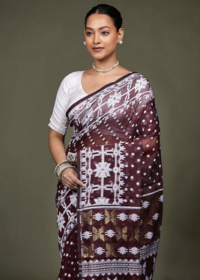 Maroon Jamdani Cotton Saree Without Blouse Piece
