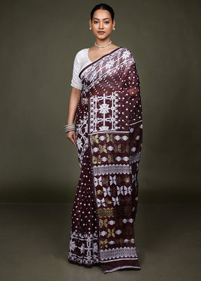 Maroon Jamdani Cotton Saree Without Blouse Piece