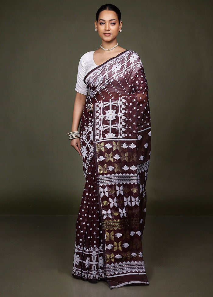 Maroon Jamdani Cotton Saree Without Blouse Piece