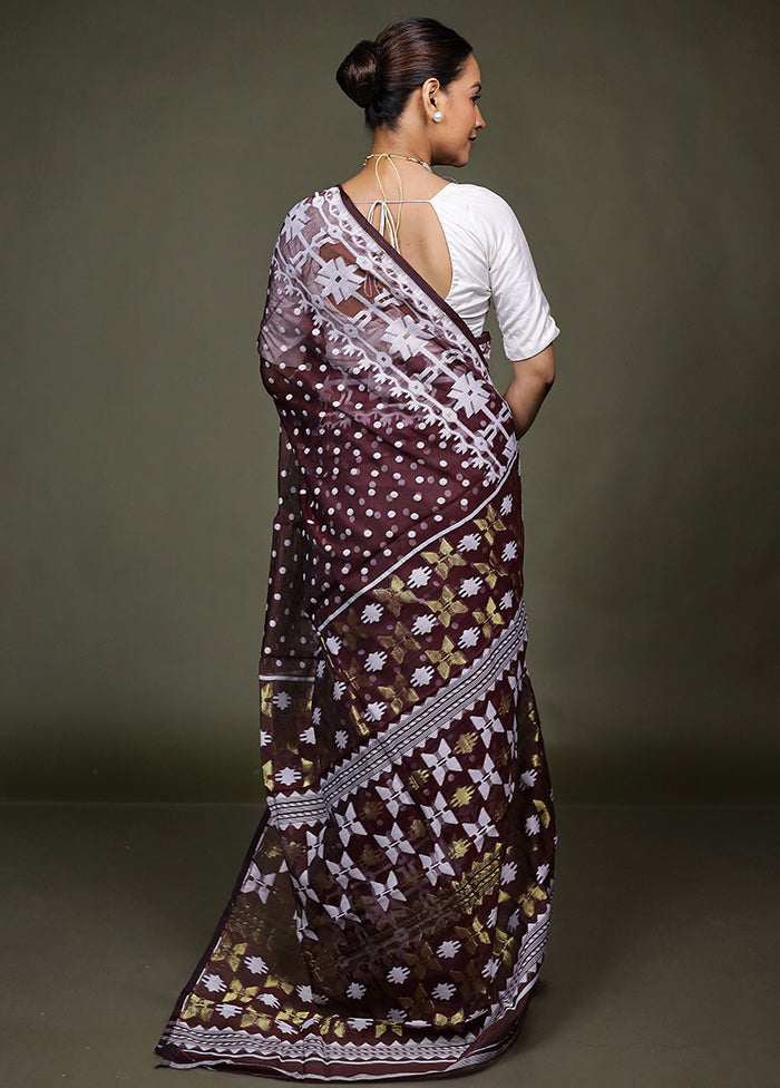 Maroon Jamdani Cotton Saree Without Blouse Piece