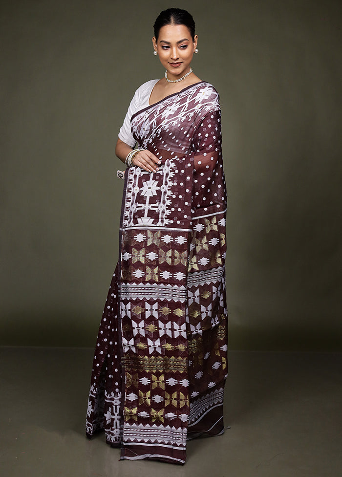Maroon Jamdani Cotton Saree Without Blouse Piece