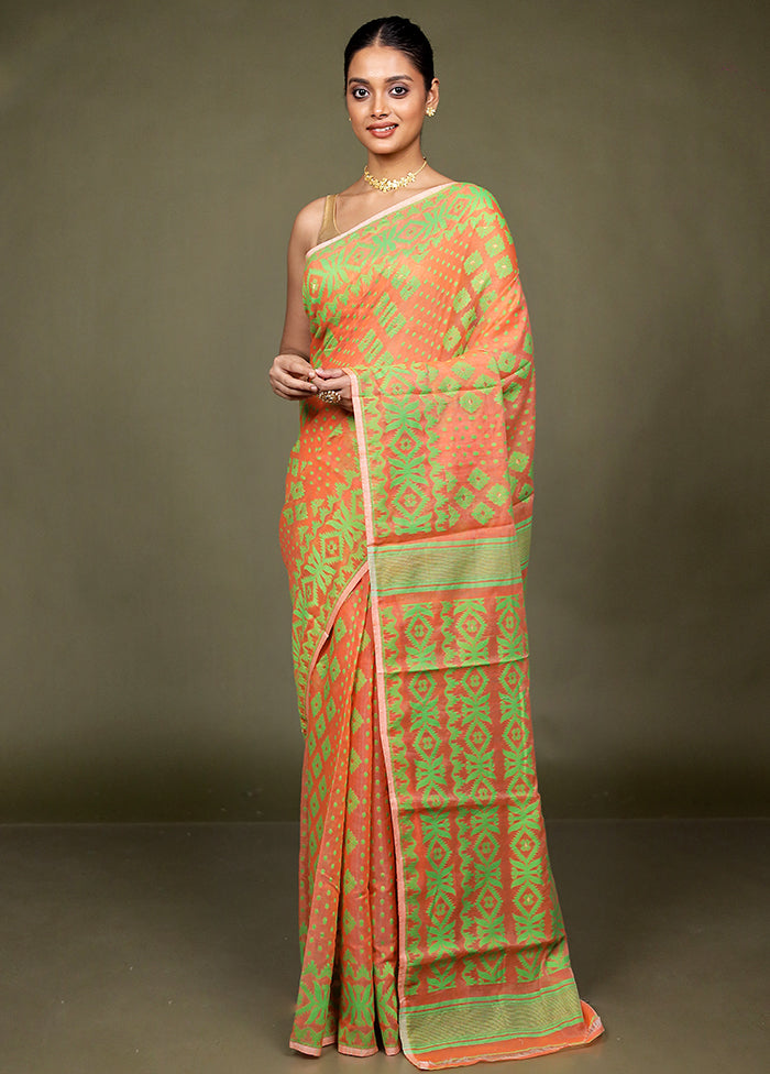 Orange Jamdani Cotton Saree Without Blouse Piece