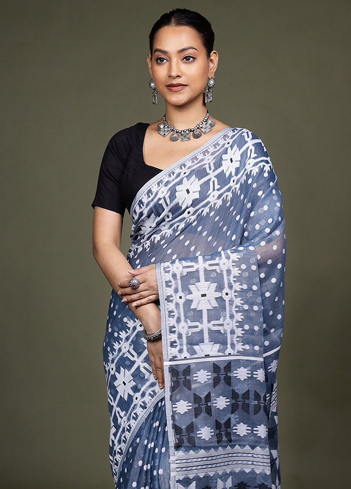 Blue Tant Jamdani Saree Without Blouse Piece
