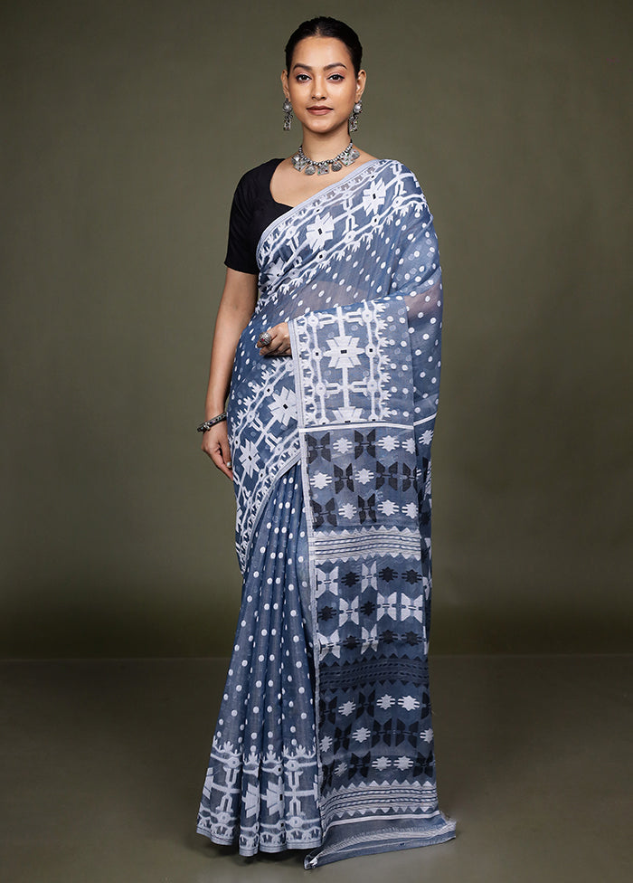 Blue Tant Jamdani Saree Without Blouse Piece