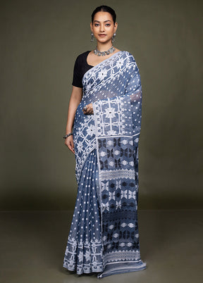 Blue Tant Jamdani Saree Without Blouse Piece