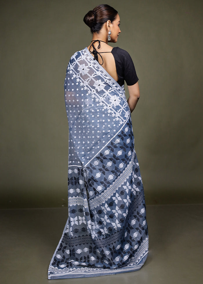 Blue Tant Jamdani Saree Without Blouse Piece