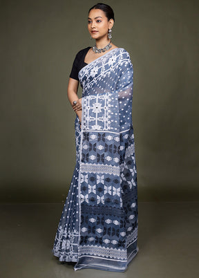 Blue Tant Jamdani Saree Without Blouse Piece