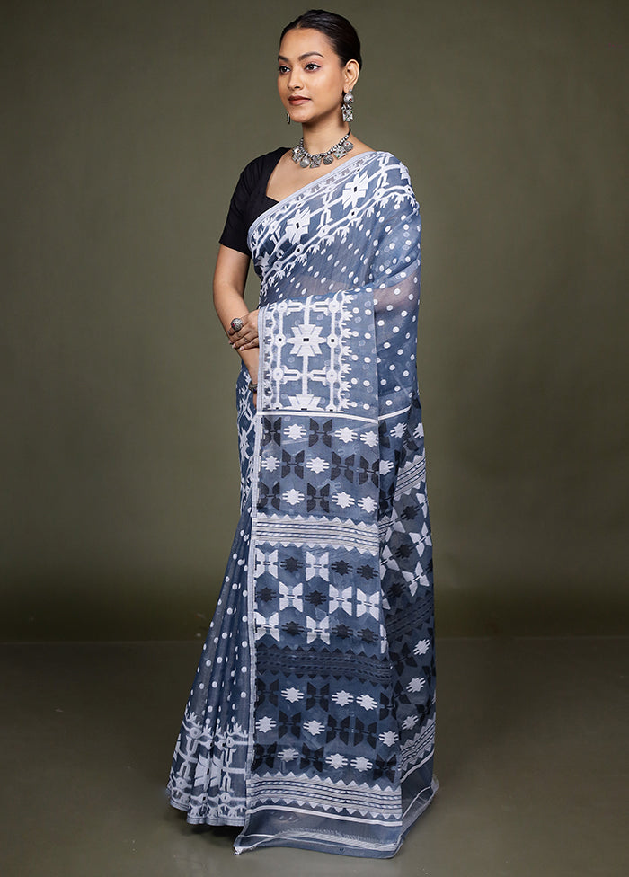 Blue Tant Jamdani Saree Without Blouse Piece