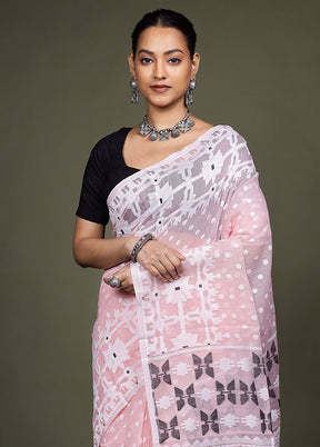 Peach Tant Jamdani Saree Without Blouse Piece