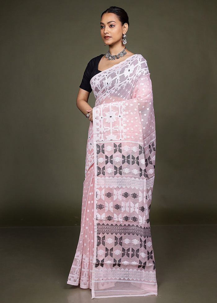 Peach Tant Jamdani Saree Without Blouse Piece