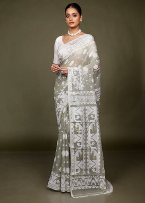 Grey Tant Jamdani Saree Without Blouse Piece
