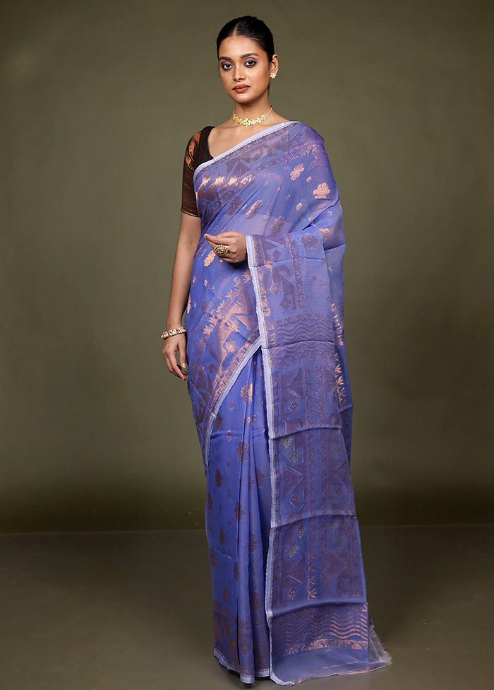 Blue Tant Jamdani Saree Without Blouse Piece
