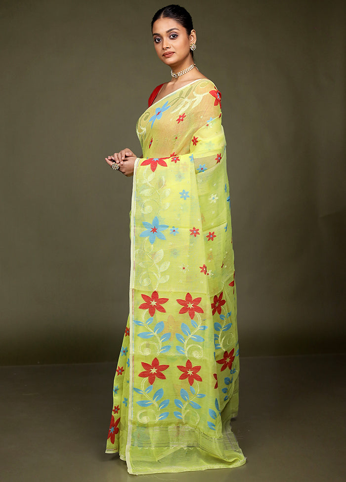 Yellow Jamdani Cotton Saree Without Blouse Piece