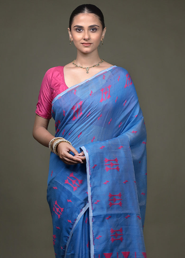 Blue Matka Silk Saree With Blouse Piece