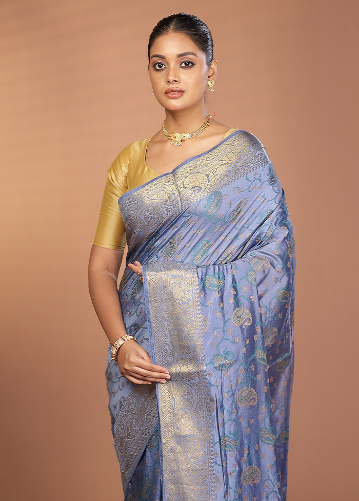 Blue Dupion Silk Saree With Blouse Piece