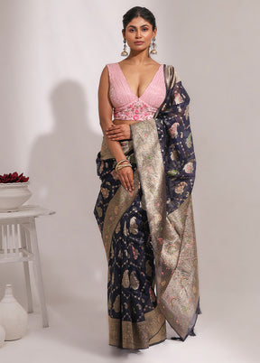 Blue Organza Saree With Blouse Piece