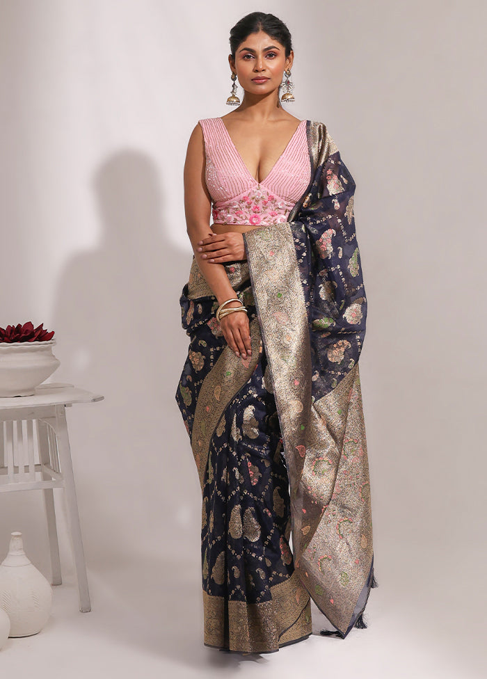 Blue Organza Saree With Blouse Piece