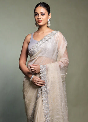 Cream Crushed Tissue Silk Saree With Blouse Piece
