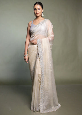 Cream Crushed Tissue Silk Saree With Blouse Piece