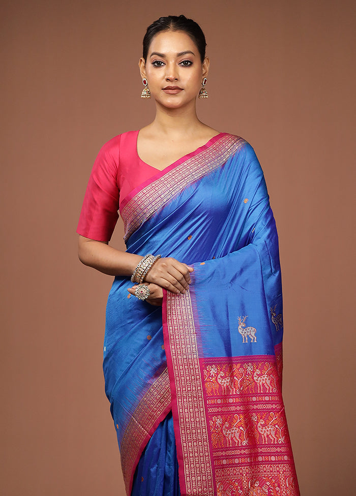 Blue Handloom Bomkai Pure Silk Saree With Blouse Piece