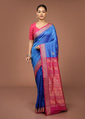 Blue Handloom Bomkai Pure Silk Saree With Blouse Piece