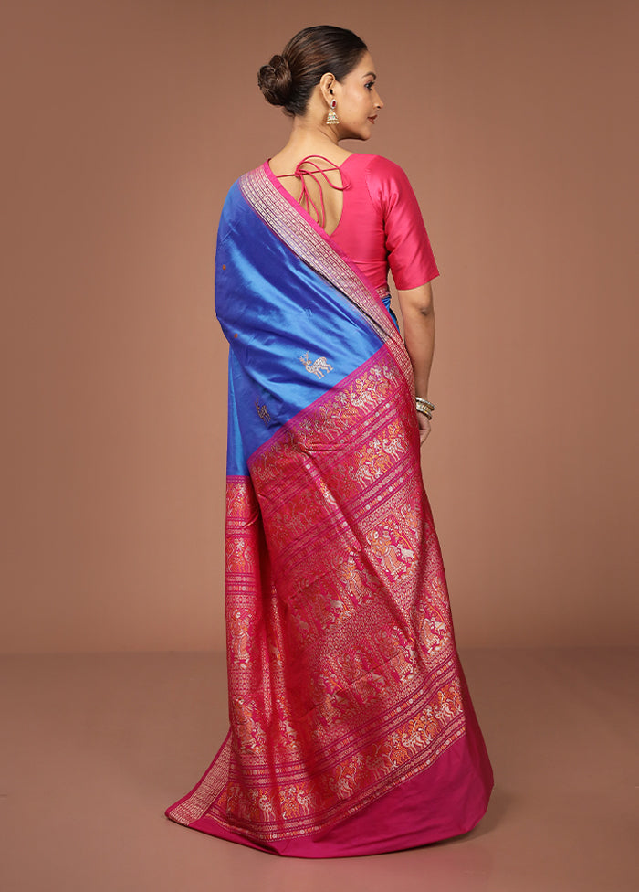 Blue Handloom Bomkai Pure Silk Saree With Blouse Piece