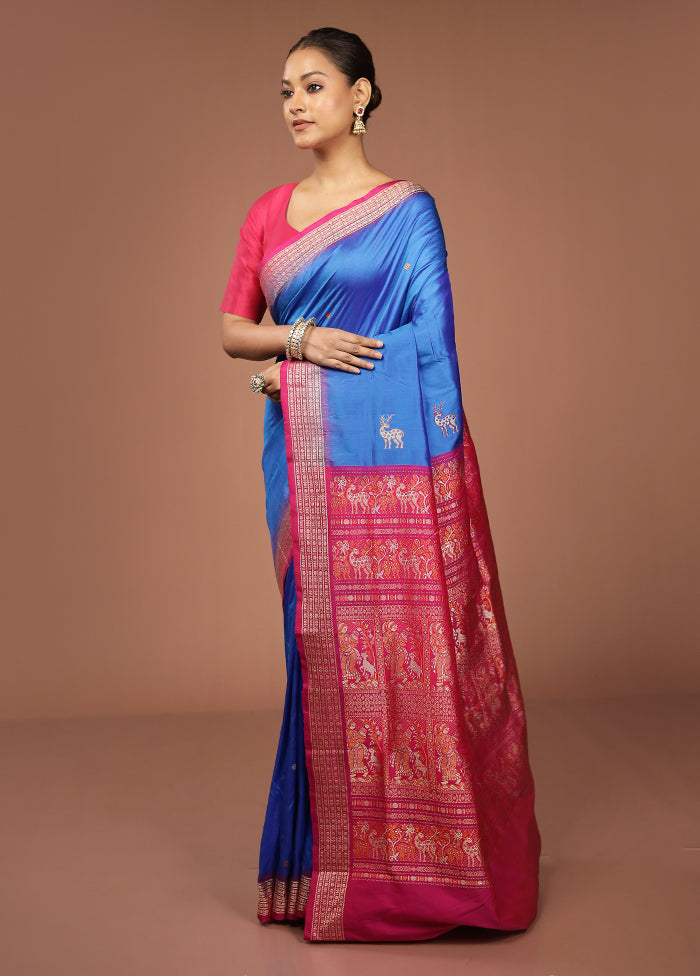 Blue Handloom Bomkai Pure Silk Saree With Blouse Piece