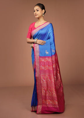 Blue Handloom Bomkai Pure Silk Saree With Blouse Piece