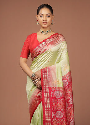 Cream Handloom Bomkai Pure Silk Saree With Blouse Piece