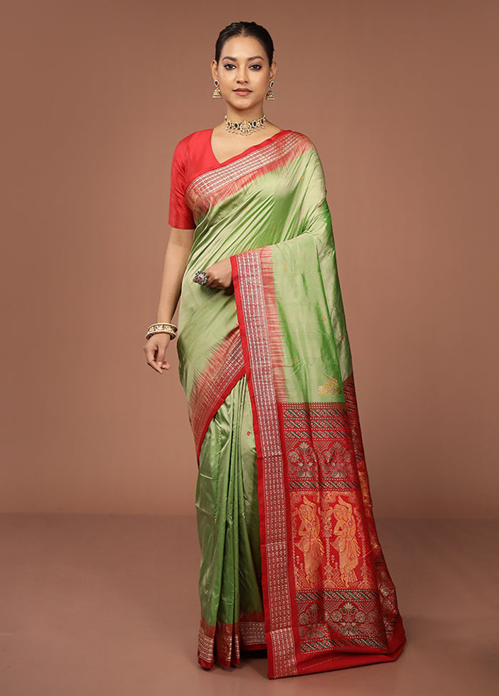 Green Handloom Bomkai Pure Silk Saree With Blouse Piece