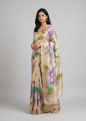 Cream Handloom Tussar Pure Silk Saree With Blouse Piece