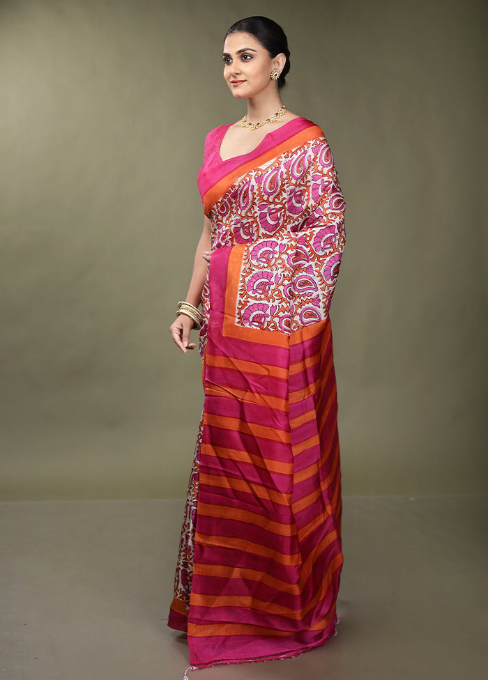 Pink Printed Silk Saree Without Blouse Piece