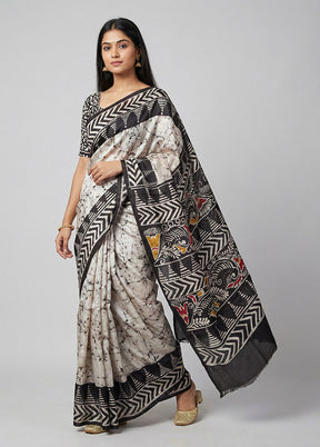 White Printed Pure Silk Saree Without Blouse Piece
