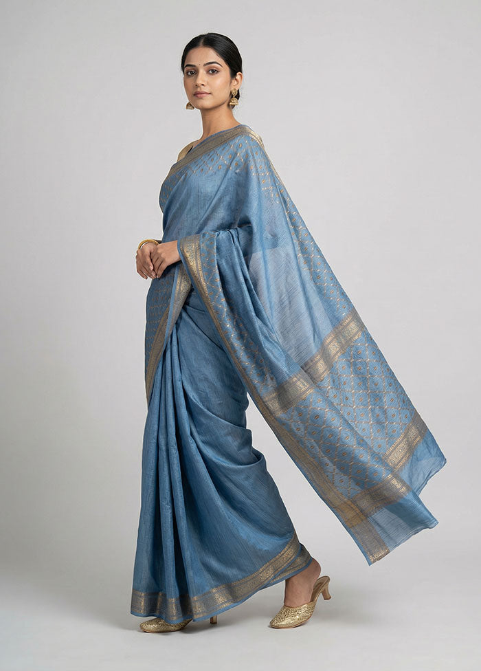 Blue Dupion Silk Saree With Blouse Piece