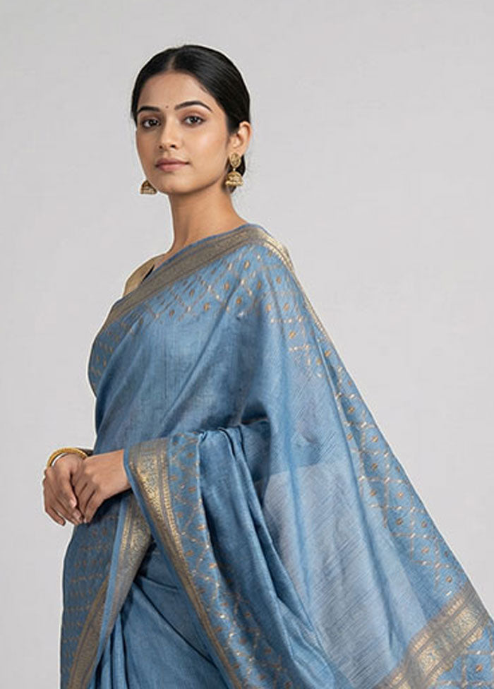 Blue Dupion Silk Saree With Blouse Piece