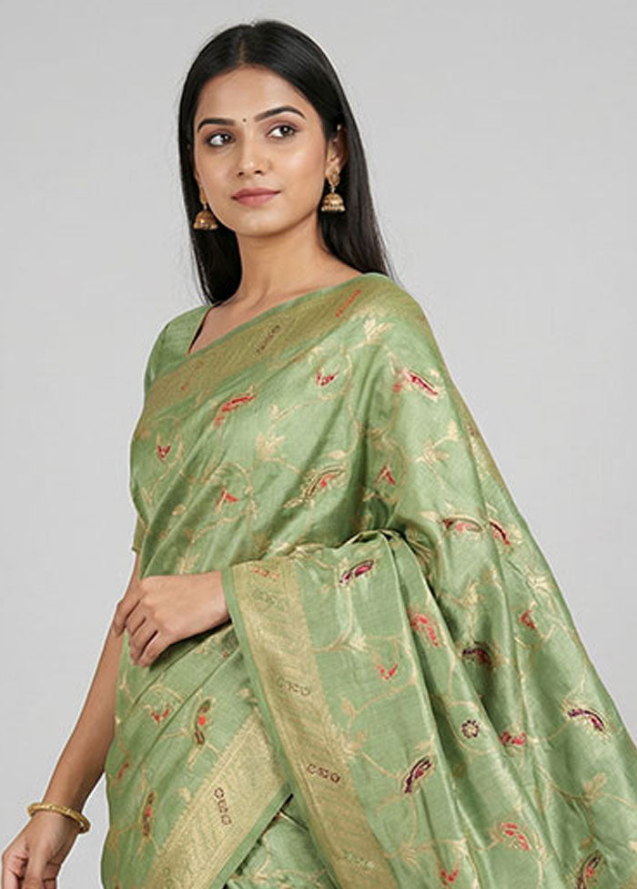 Green Dupion Silk Saree With Blouse Piece