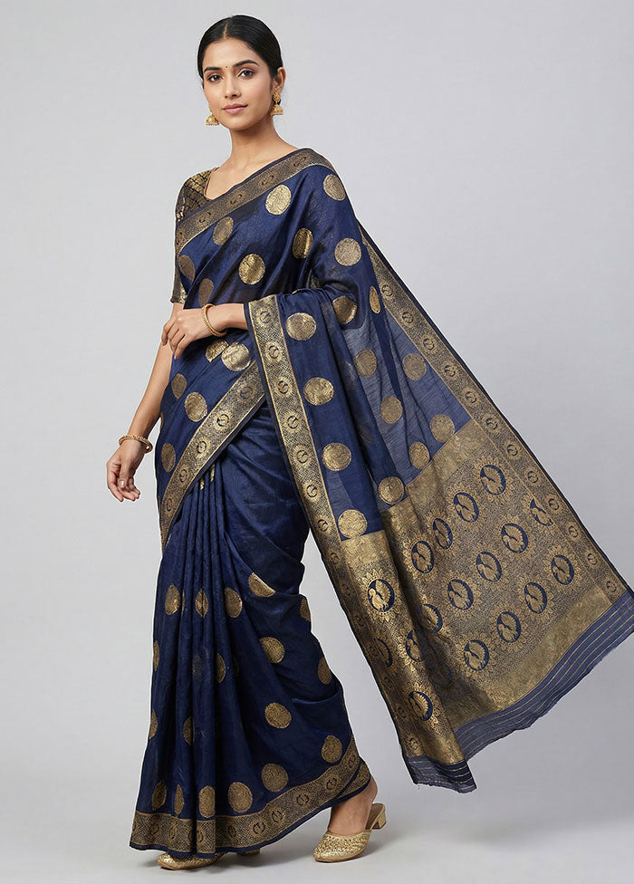 Blue Dupion Silk Saree With Blouse Piece
