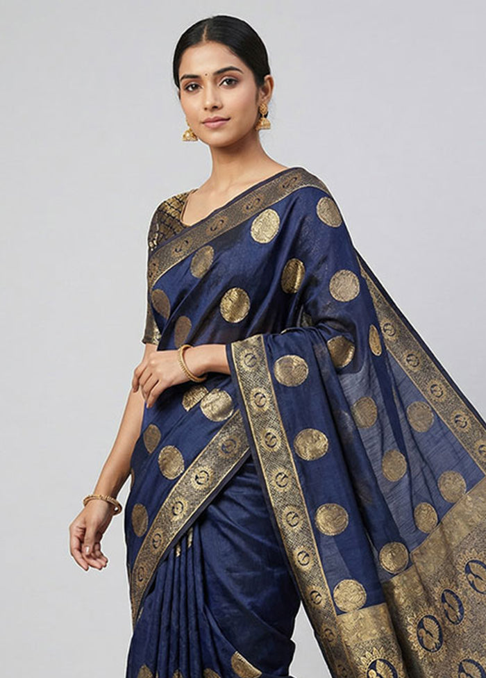 Blue Dupion Silk Saree With Blouse Piece
