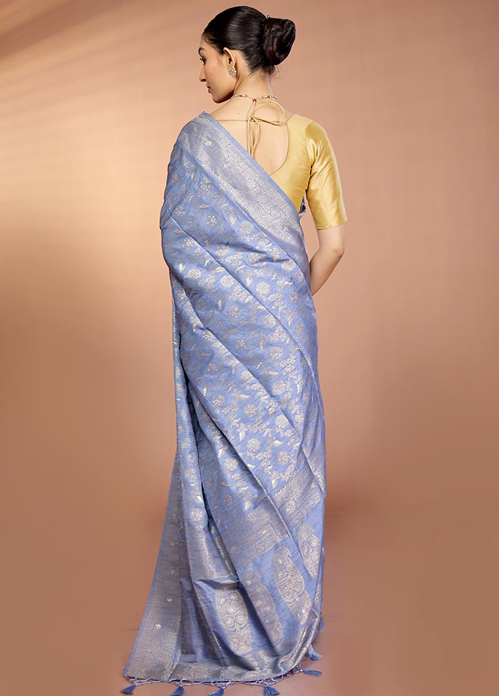 Blue Dupion Silk Saree With Blouse Piece