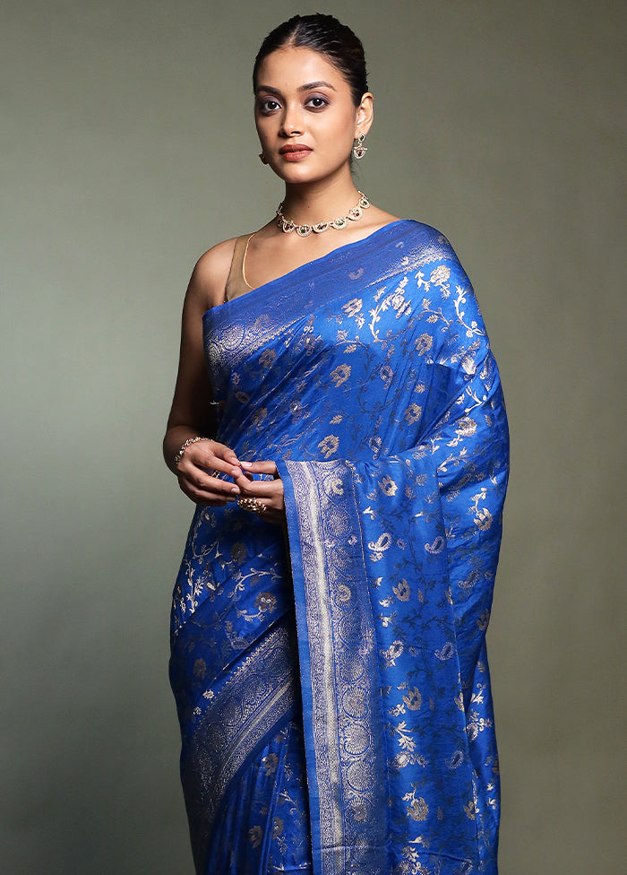 Blue Dupion Silk Saree With Blouse Piece